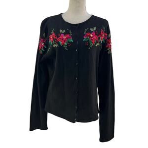 Vintage Cardigan Poinsettia Flower Sequin Embellishment Black